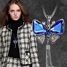 New Arrival Butterfly Necklace Trendy Zinc Alloy Rhinestone Crystal Necklace Long Chain Pendant Necklaces For Women