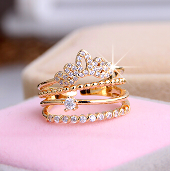 Multi layers shining crown 18K RGP Good quality Fashion gold plated zircon crystal ring wholesale B13D25211