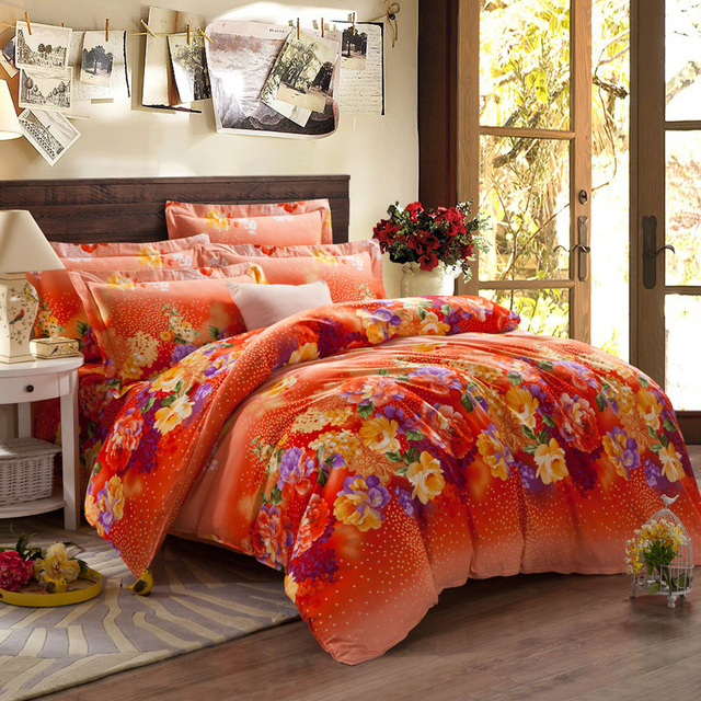 5 pieces queen king size comforter set/quilt/duvet set bed in a bag orange bedding floral duvet