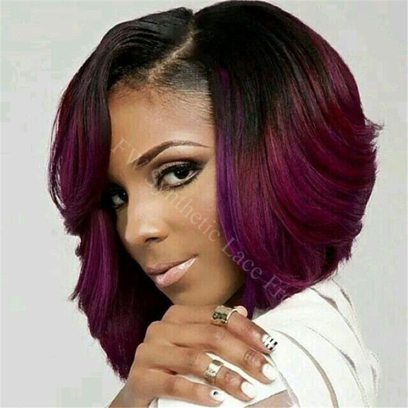 Short Synthetic Lace Front Wig Black To Burgundy Two Tone Synthetic Lace Front Wig Heat 3909