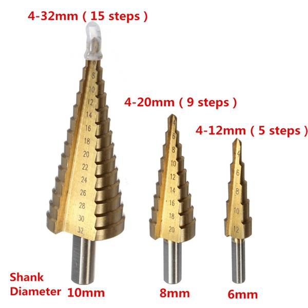 3Pcs lot HSS Steel Large Step Cone Titanium Coated Metal Drill Bit Cut Tool Set Hole