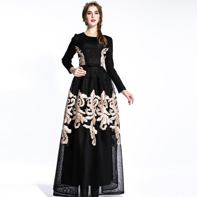 Vintage Dress 2016 Spring Summer European New Brand Fashion Runway Full Sleeve Embroidery Patch Black Maxi Long Mesh Dress