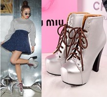 New England BIKER BOOTS waterproof boots with thick high heeled boots with silver lace w