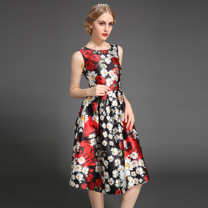 Brand Dress 2016 Spring Summer Runway New Fashion Women Sleeveless Muti  Rose Chrysanthemum Print Black Elegant Dress