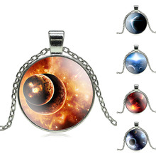 Galaxy Moon Star Glass Cabochon Pendant Necklace Vintage Jewelry Statement Silver Chain Necklace for Women Gifts for Girls S0238