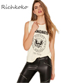 Richkoko Letter Print Beige T shirt Women Sexy Sleeveless Crew Neck Basic Tops Tees Ladies Casual
