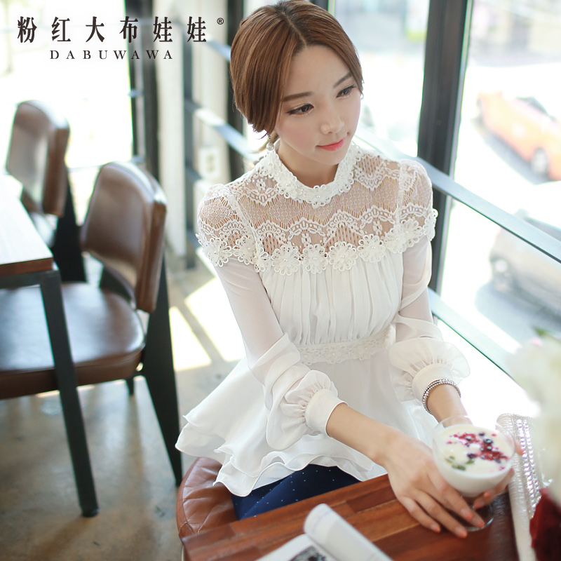 White shirt female Pink Doll fall 2015 Couture Lace Chiffon shirt slim long sleeved shirt woman