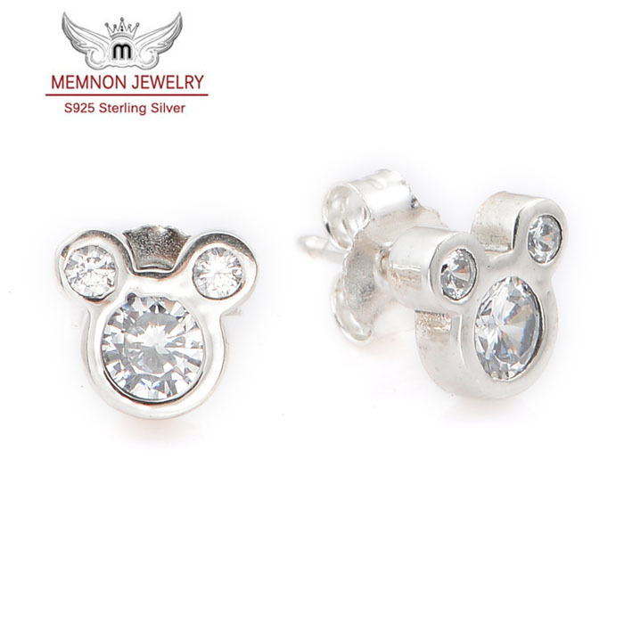 2015 New Summer style Mickey Earring Stud with Clear Cz earings 925-sterling-silver stud Earrings For Women Fine Jewelry ER563