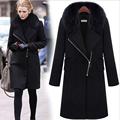 Europe Women Woollen Overcoat Fashion Inclined Zipper Woolen Cloth Coat Heavy Hair Collar Warm Black Coat