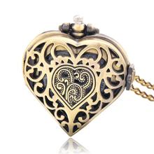 New relogio bolso Retro Bronze Quartz Necklace Chain Peach Heart Hollow Pendant Pocket Watch