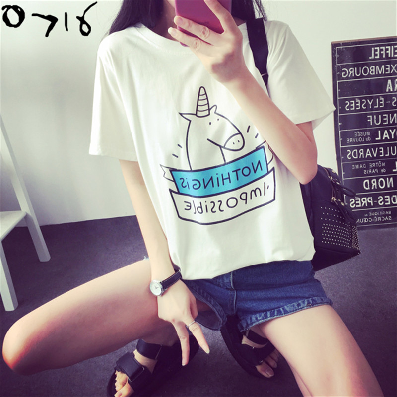 Kawaii Style Unicorn Letter Printed Summer T Shirt Womens Tops Short Sleeve O-Neck White T-shirt Cartoon Clothing For Women Tees