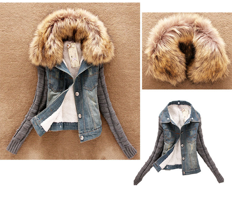 2014 new women\'s down spliced denim jacket clothes with fur winter shuba cotton jaquetas denim jeans bomber coats dzhinsovka