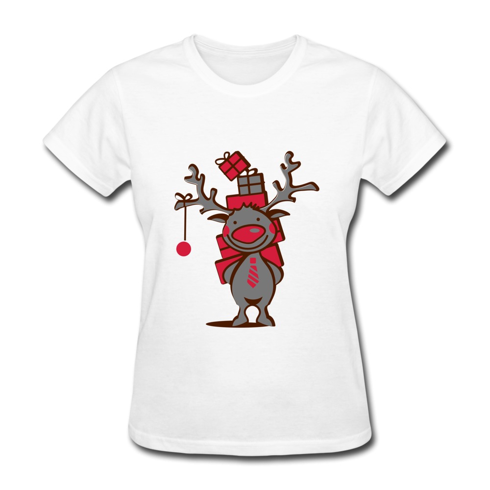 Pre Cotton Womens TShirt cute reindeer with red nose and Christmas