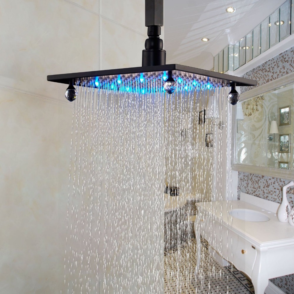 Luxury LED Light Bahtroom Shower Head 10" Square Top Spray Crystal Deco