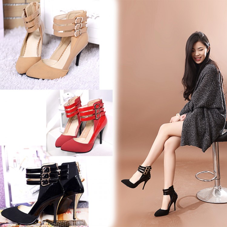2015 New Spring Fashion Women Pumps Pointed Toe High-heeled shoes Thin heels Party shoes Buckle Sexy Ankle-strap EUR size 33-44