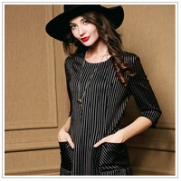 New-2015-fashion-autumn-women-mini-dress-straight-striped-half-sleeve-tall-waist-line-o-neck