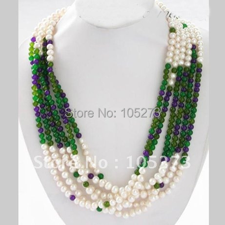 Classic! 6Rows 25inch AA 6-8MM Round white freshwater pearl 6mm Green Jade Amethyst Beads Necklace New Free Shipping
