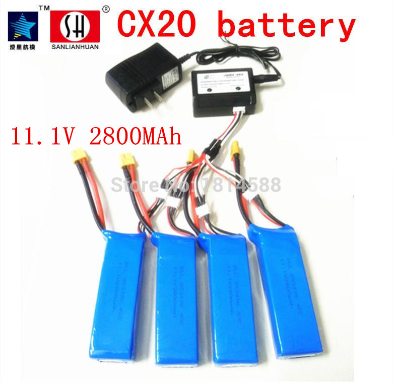 Cheerson CX20 Battery 11.1V 2800MAH-PO lithium 4PCS battery and charger CX 20 CX-20RC quadrocopter parts wholesale free shipping