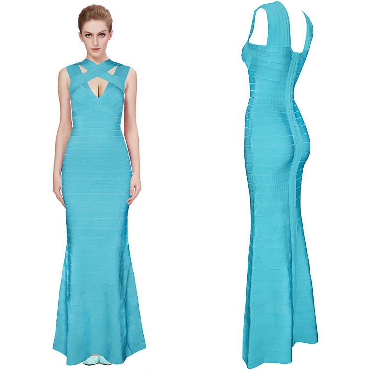 Free Shipping Long Party Formal Dresses 2015 New Arrival Aqua Cross-Over Bust Bandage Evening Gowns Dress