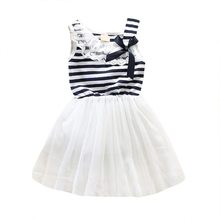 Hot Selling New Baby Girls Lace Round Collar Bowknot Striped Dress Kids Clothes Tutu Tulle