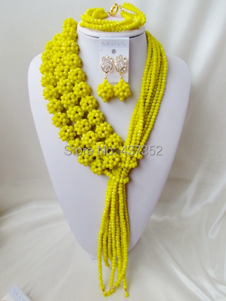 Gorgeous 2015 New Opaque Yellow Crystal Ball Costume Necklaces Nigerian Wedding African Beads Jewelry Set NC1166