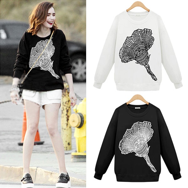 2014 New Fashion Autumn Flower Printed Sweatshirt Women Long Sleeve White & Black Casual Pullover Loose Tracksuits Hoodies Tops