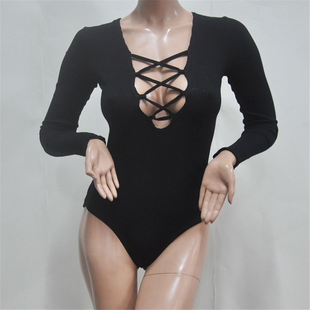 Sexy deep v neck lace up jumpsuit romper women tops elastic slim long sleeve Kim Kardashian short bandage bodysuit (20)