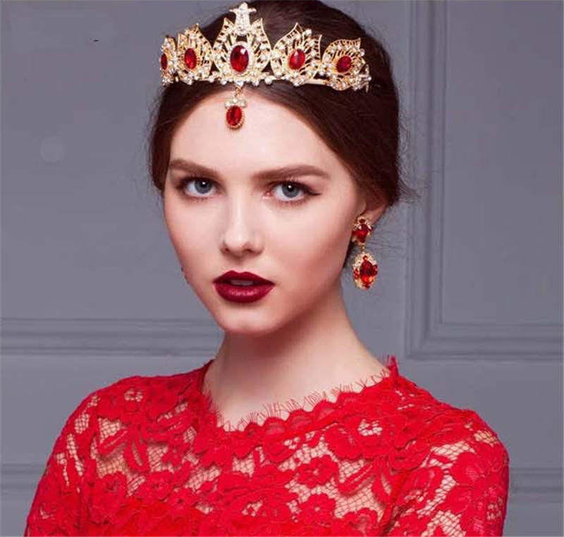 European <b>red royalty</b> bride crown + Earrings wedding crown bride crystal <b>...</b> - European-red-royalty-bride-crown-Earrings-wedding-crown-bride-crystal-crown-bride-head-hair-accessories-fashion