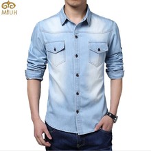 Plus Size Men Denim Shirts 5XL Cotton Slim Fit Famous Brand Pockets Camiseta Masculina 2015 New