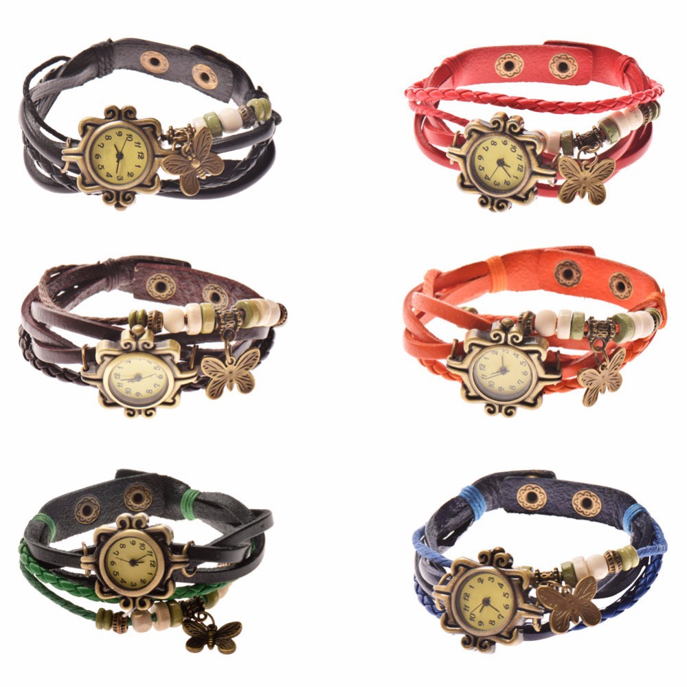 Lackingone 2015 christmas gift hot sale relogio feminino leather women watches Vintage Hand Knit butterfly pendant