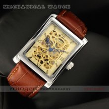 MINGEN SHOP – Classic Fashion Gold Dial Men Watch Brown Leather Strap Hollow Mechanical watch GRJ006 watch wholesale