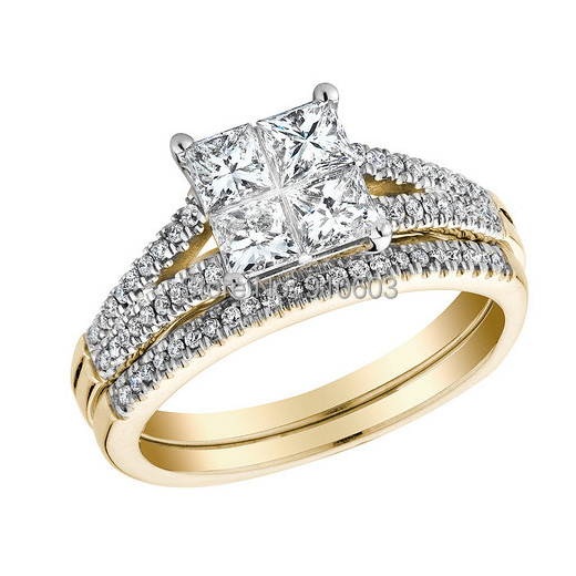 Fashion 9K Yellow Gold Wedding Band Set Simple Princess ...