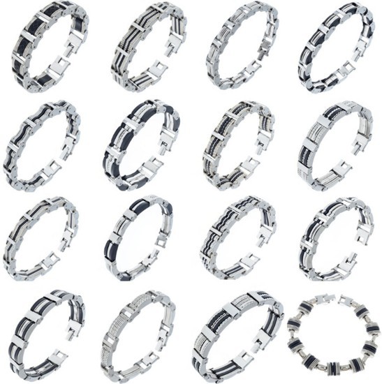 New Men High Quality Stainless Steel Bracelet Silver Link Black Rubber Chain Bangle