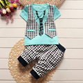 2017 summer baby boys clothing set toddler children sport suit tops pants lattice gentleman tracksuit kids