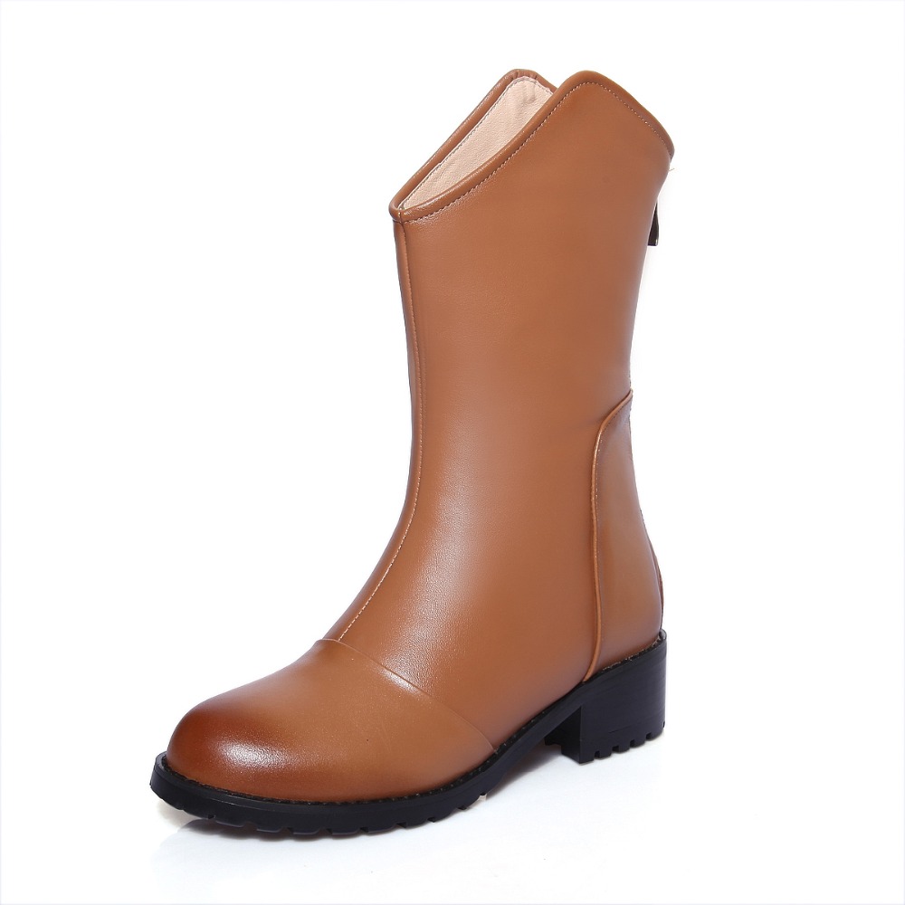 Фотография High quality Full Grain Leather Solid Boots Size 40 41 42 43 44 zipper design Round Toe Square heel Boots