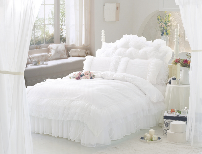 White Ruffle lace Princess bedding set sets Twin full Queen size King duvet cover bedskirt quilt bed sheet bedspread cotton pink