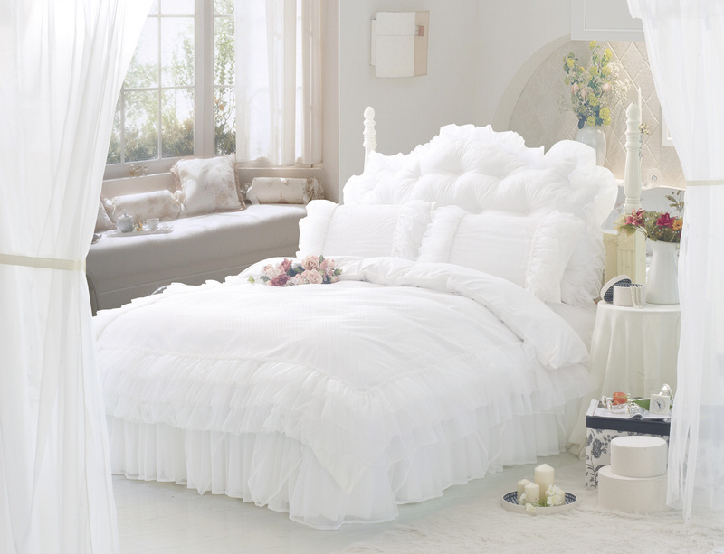 White Ruffle Lace Princess Bedding Set Sets Twin Full Queen Size