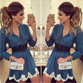 Top Quality New Autumn Printed Women Dress 2016 Lace Sleeve V neck Mini Casual Beachwear Dresses