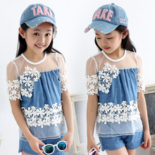 2016 Summer Girls Denim Shorts Set Fashion Denim Vest Sets Short-sleeved Two Pieces Suit Cotton Lace Suit For 6 to 16 Girls