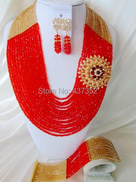 Fashion 22'' Long 16 layers Champagne Gold and Red Crystal Nigerian Beads Necklaces African Wedding Beads Jewelry Set NC020