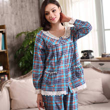 100% Cotton Women Pajama Set Lace Full Sleeve Pyjamas Sleepwear Casual Plaid Homewear Round Neck Sleep Lounge Pajamas Hot Sale