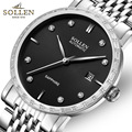 SOLLEN Men s automatic mechanical watch ultra thin diamond watch scale metal strap calendar display case