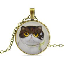 Fashion Vintage Jewelry Sweet Cat Glass Cabochon Pendant Necklace Handmade Antique Bronze Chain Necklace