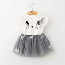 Girls Clothing Sets New Summer Fashion Style Cartoon Kitten Printed T-Shirts+Mesh Mini Skirt 2Pcs Girls Clothes Sets