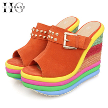 Sandalias Plataforma 2016 Summer Shoes Woman Bohemia Rainbow High Heel Slip On Peep Toe Platform Wedges Sandals Womens XWZ1070