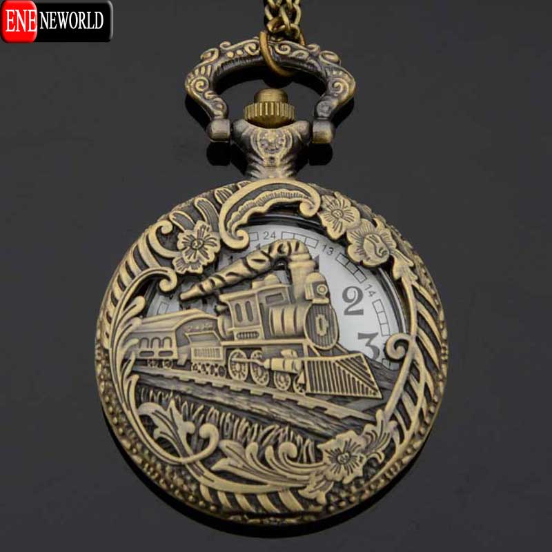 Vintage Charming fashion jewelry train carved openable Hollow pocket watch Men SteamPunk Necklace Pendant Quartz Watch