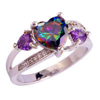2015 New Jewelry Heart Cut Romantic Fashion Rainbow Sapphire For Women 925 Silver Ring Size 6 7 8 9 10 Free Shipping