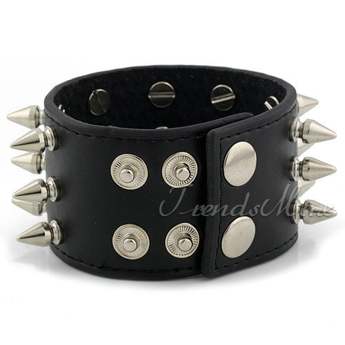 44mm Leather Bracelet Punk Rock 3 lines Cone Stud Rivet Wristband Bangle Black Mens boys bracelet