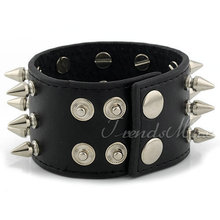 44mm Leather Bracelet  Punk Rock 3 lines Cone Stud Rivet Wristband Bangle Black  Mens boys bracelet UB19