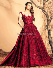Luxury Vestido De Festa A Line Sheer Neckline Sleeveless Red Long Evening Dress 2015 Ziad Nakad